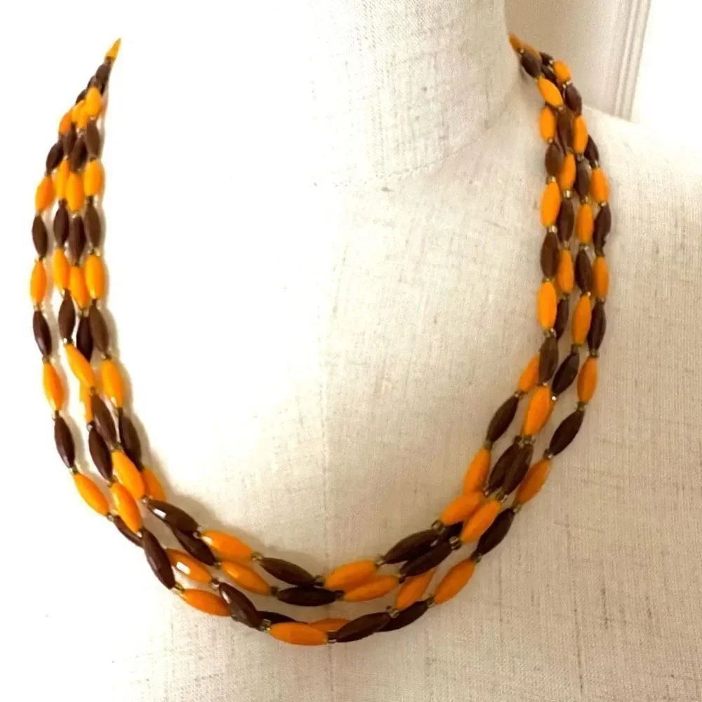 Vintage orange and brown multi strand beaded necklace